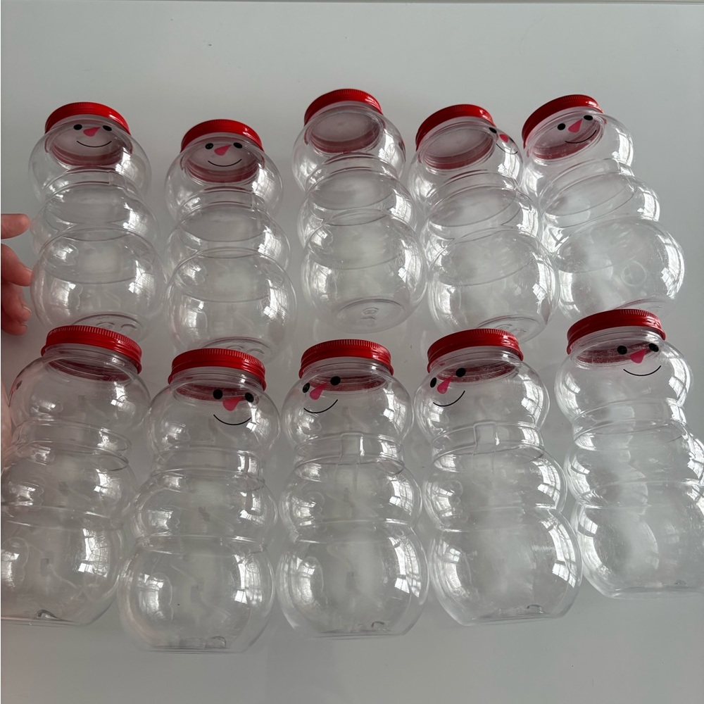 Set of 10 Snowman Shaped Jars with Red Lids